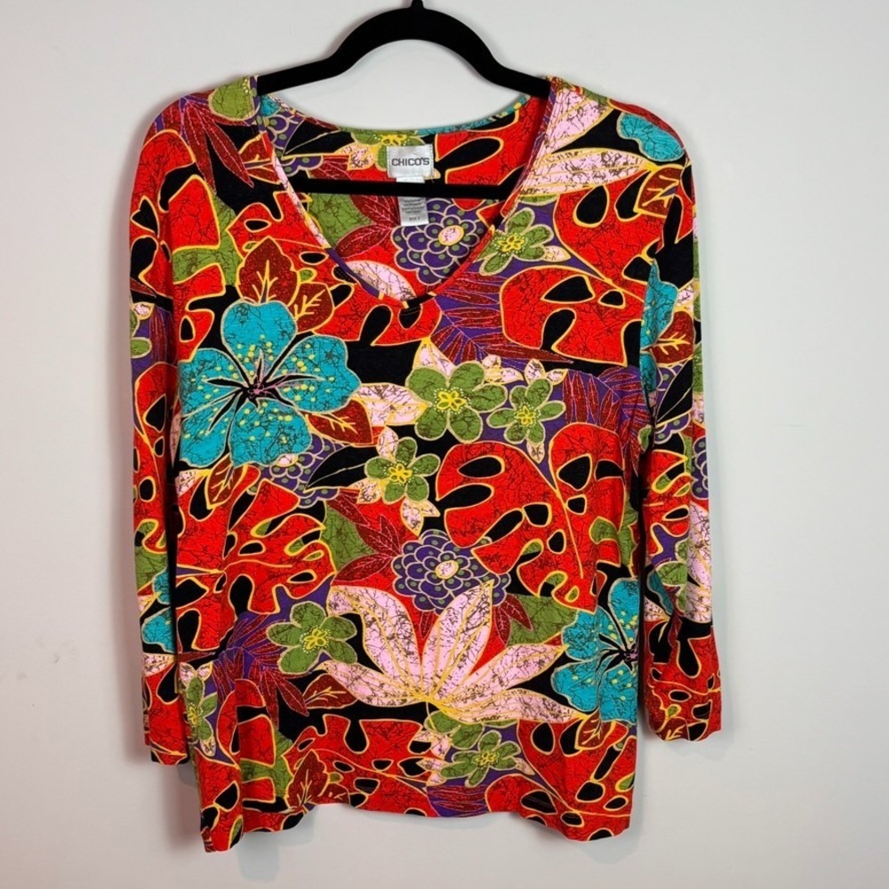 Chico's Womens Colorful Floral Tropical 3/4 Sleeve Stretch Blouse sz 3/XL Retro